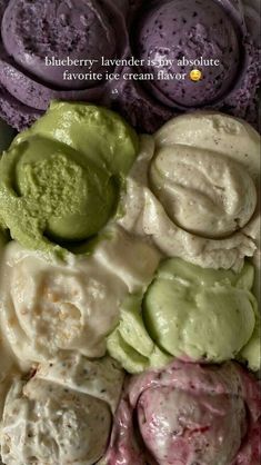 an assortment of ice creams with different colors and flavors on them in a bowl