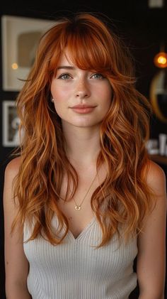 Haircut ideas  ￼   ￼  ￼  ￼  ￼  ￼  ￼  ￼  ￼  ￼  ￼  ￼  ￼  ￼   ￼ Bardot Shag Haircut, Natural Red Hair Medium Length, Med Shag With Bangs, Fall Haircut With Bangs, Long Hair With Bangs Redhead, Cute Haircuts For Redheads, Hair For Your Face Shape, Shag Haircut With Money Piece, Shag Hairstyle With Curtain Bangs