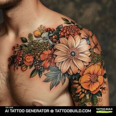 a man's chest with flowers and leaves on it