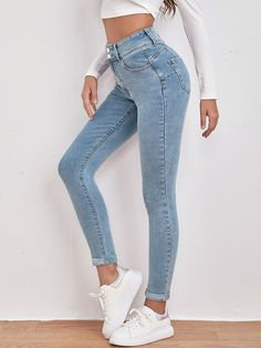 High Waist Slant Pocket Skinny Black Jeans Light Wash Casual   Denim Plain Skinny High Stretch  Women Clothing, size features are:Bust: ,Length: ,Sleeve Length: Flare Denim Jeans, Elegant Dresses Long, Dark Jeans, Women Denim Jeans, Light Wash Denim, Casual Denim, Slim Fit Jeans, High Jeans, Fashion Online Shop