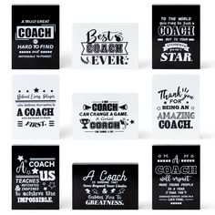 six black and white business cards with different phrases