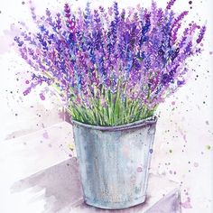 a watercolor painting of lavender flowers in a bucket