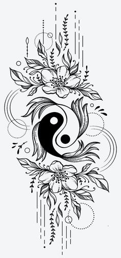 a black and white tattoo design with flowers on the bottom, an yin symbol in the middle