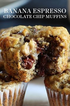 banana espresso chocolate chip muffins are stacked on top of each other