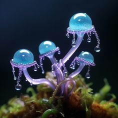 an underwater scene with jellyfish and seaweed in the foreground, dark background