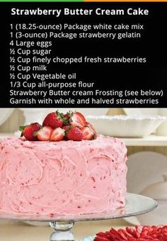 strawberry butter cream cake recipe on a plate with strawberries next to it and the instructions