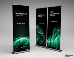 two roll - up banners with green and black lines in the middle one is for hewlett backup enterprise