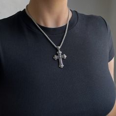 𝑮𝑶𝑻𝑯𝑰𝑪 𝑪𝑹𝑶𝑺𝑺 𝑵𝑬𝑪𝑲𝑳𝑨𝑪𝑬 * handmade in Los Angeles * Solid Stainless Steel Woven Link Chain + hardware * Solid Stainless Steel Gothic Cross Pendant * choose your length (Short 15"-18" or Long 18"-22" or Extra Long 22"-26") This necklace features a chunky gothic-style cross pendant with a woven link style chain. It is adjustable and perfect for layering. Both the chain and the pendant are solid stainless steel. Feel free to get it wet, it will not tarnish or fade. ♥ Please allow 1 Y2k Necklaces, Chunky Cross Necklace, Gothic Cross Necklace, Chrome Cross Necklace, Punk Streetwear Cross Necklaces, Grunge Cross Necklace, Silver Gothic Cross Necklace, Gothic Silver Pendant Cross Necklace, Cross Necklace Goth