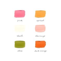 the different shades of pink, orange, and green on a white background with text that says