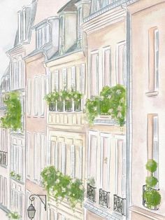 watercolor painting of an apartment building with plants growing on the windows and balconies