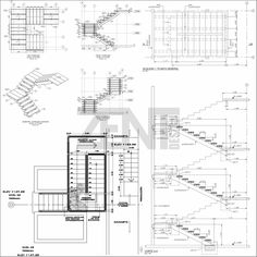 architectural drawings showing the steps and floor plans for an apartment building, including staircases