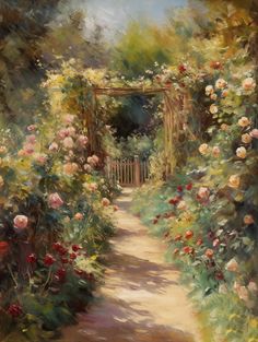 an oil painting of a garden path with roses on the sides and a gate in the middle