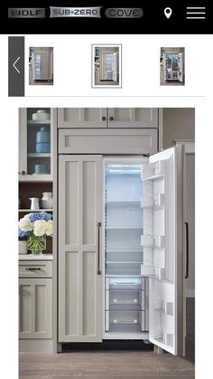 an open refrigerator in a kitchen with the door ajar and shelves on both sides