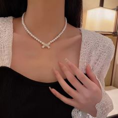 Trend Wedding Party Jewelry Pearl Bow Pendant Choker Necklace For Women Elegant White Imitation Bow Pendant, Pendant Choker Necklace, Pearl Chain Necklace, Pearl Bow, Pendant Choker, Jewelry Pearl, Wedding Party Jewelry, Classy Jewelry, Pearl Types