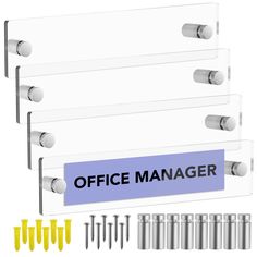 the office manager sign is next to several screws and bolts on a white background