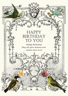 a birthday card with two birds sitting on it's side and the words happy birthday to you