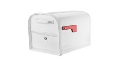 a white mailbox with a red handle on the front and bottom part of it