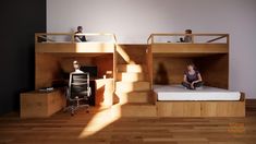 two people sitting on bunk beds in a room with wooden floors and stairs, while another person sits at the end of the bed