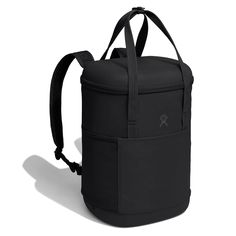 a black backpack is shown with straps on the front and back ends, as well as an external pocket for storage