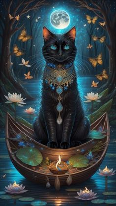 a black cat sitting on top of a boat in the water with butterflies around it