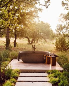 an outdoor bathtub with steps leading up to it in the middle of grass and trees