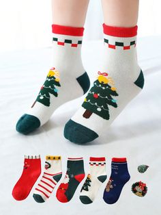 5 Pairs Kids Santa Claus & Snowflake Pattern Casual Crew Christmas Socks, Suitable For Children Christmas Gift Or Outfit Multicolor    Polyester Christmas,Striped  Medium Stretch All Baby & Kids' Socks & Tights, size features are:Bust: ,Length: ,Sleeve Length: Elegante Y Chic, Children Christmas, Snowflake Pattern, Christmas Socks, No Foundation Makeup, Kids Socks, Christmas Gifts For Kids, Medium Long, Sports Leggings