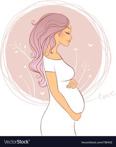 a pregnant woman with long pink hair standing in front of a circular frame and holding her belly