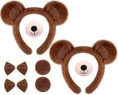 the teddy bear ears and nose are made out of fake fur with bows on each side