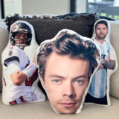 a pillow with the image of a football player and a photo of a man on it