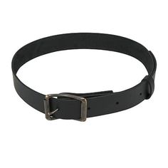 a black leather belt with metal buckles