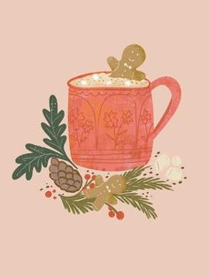 a pink mug filled with hot chocolate next to pine cones and evergreen leaves on a pink background