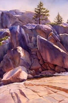 a painting of some rocks and trees by the water