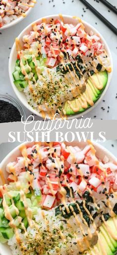 two bowls filled with different types of food and the words california sushi bowl above them