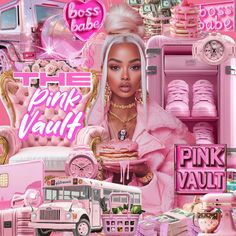 a collage of pink vanities and various items in front of a woman's face