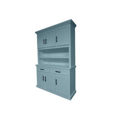 a blue cabinet with two doors and drawers on the bottom, against a white background