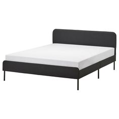 the bed frame is black and white with no sheets on it's headboard