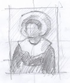 a drawing of a person with a hat and coat on sitting in front of a window