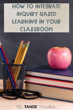 an apple sitting on top of a stack of books next to pencils and glasses