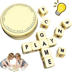 two children playing with scrabble tiles and a lightbulb in the background