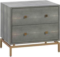 a grey and gold dresser with two drawers on one side, an open drawer in the other