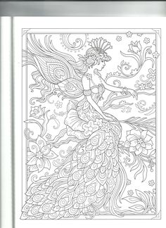 an adult coloring book with a peacock and flowers on the cover, in black and white