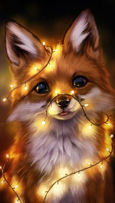 a painting of a fox with christmas lights around it's neck and eyes, looking at the camera