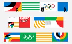 the olympic logo is shown in three different colors and shapes, with people walking around it