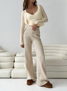 Princess Polly high-rise  Montana Knit Pants Cream Cream Ribbed Pants Outfit, Wide Leg Knit Pants, Pants For College, Period Outfit Comfy Fall, Cream Knit Pants, Relaxed Polished Outfits, Fall Pants Women, Ribbed Lounge Pants, Loungewear Pants