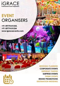 a flyer for an event with pictures of tables and chairs in the center, surrounded by balloons