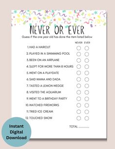 a printable never or ever game with confetti and streamers