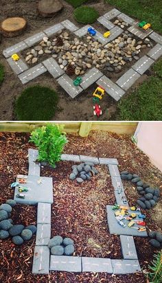 two pictures side by side one has rocks and the other has stones in it with legos on them