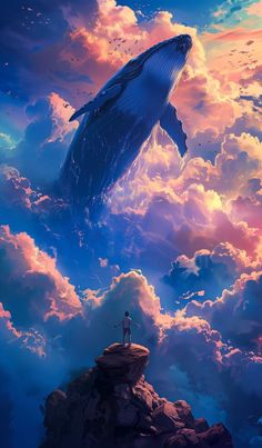 a man standing on top of a cliff next to a giant whale in the sky