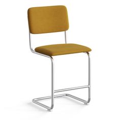 a yellow chair with a metal frame on an isolated white background, viewed from the front