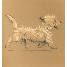 a drawing of a dog running across a brown paper with white writing on the bottom